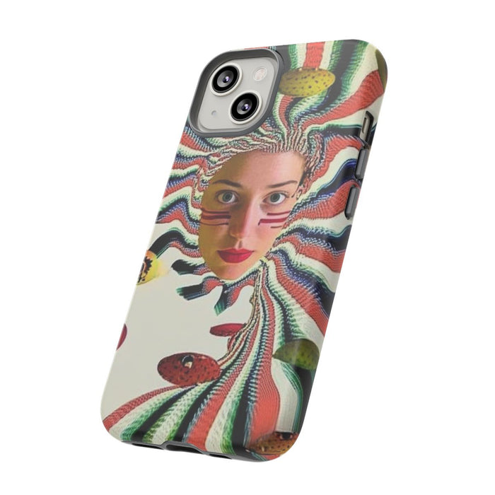 Surrealistisch Vrouwenportret met Kleurrijke Strepen en Zwevende Vormen