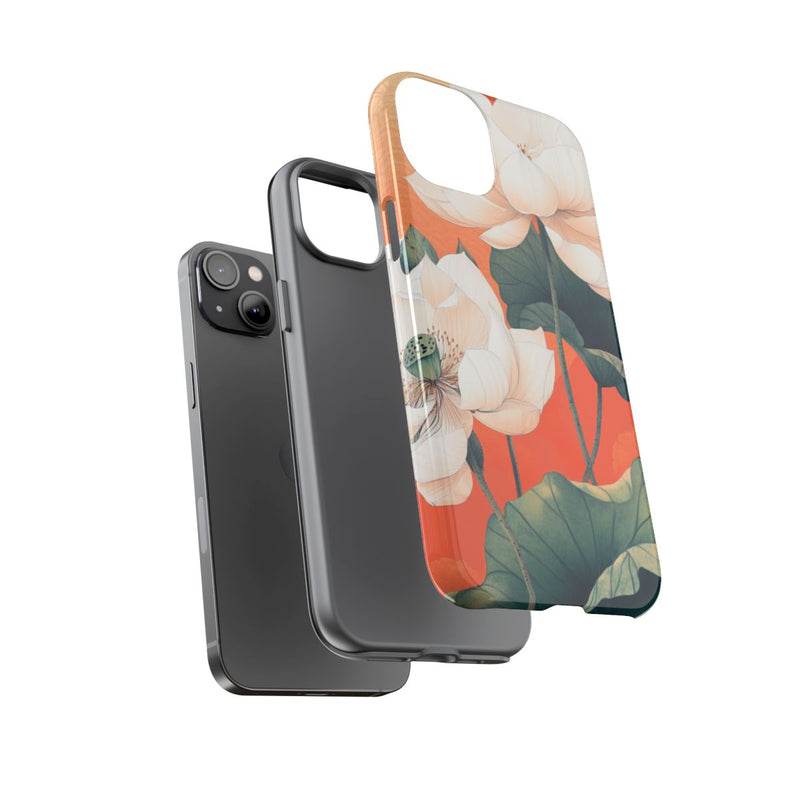 Witte Lotus Bloemen met Groene Bladeren op Oranje Achtergrond