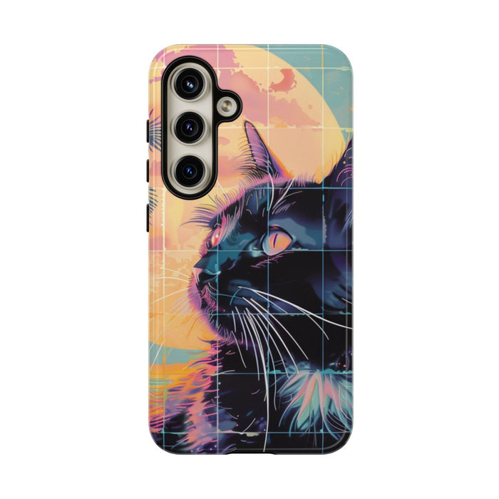 Lofi Vaporwave Kat met Zonsondergang en Palmen
