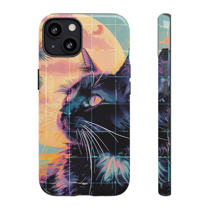 Lofi Vaporwave Kat met Zonsondergang en Palmen