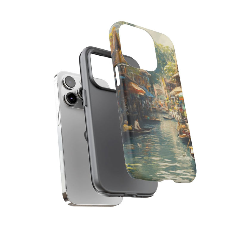 Levendige Watermarkt met Boten en Kraampjes