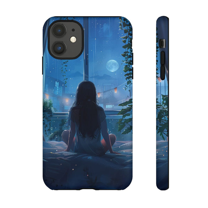 Meisje op Bed bij Nacht met Maanlicht