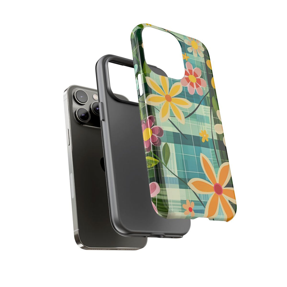 Kleurrijk Retro Bloemenpatroon op Blauwe Achtergrond