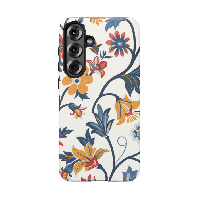 Retro Bloemenpatroon in Blauw, Rood en Geel