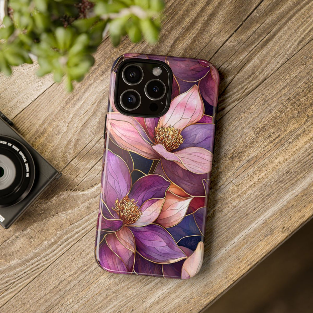 Paarse Magnolia Bloemen in Glas-in-lood