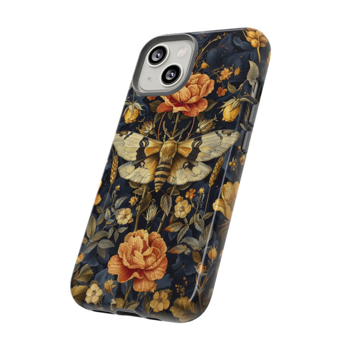 Gouden Bloemen en Mottenpatroon op Donkerblauw