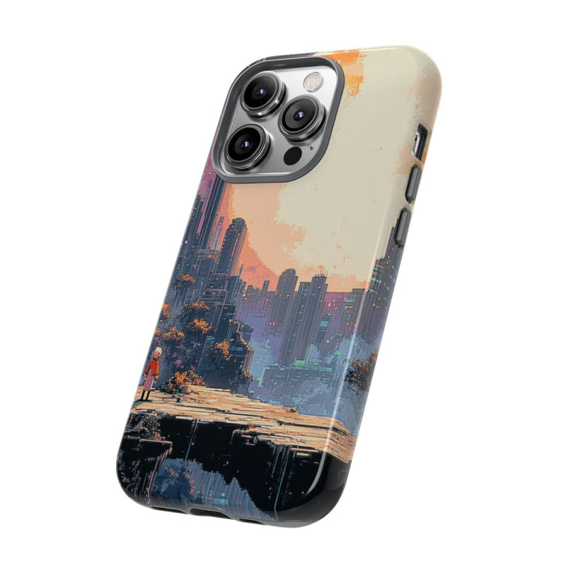 Pixel Art Stadsgezicht met Grote Maan