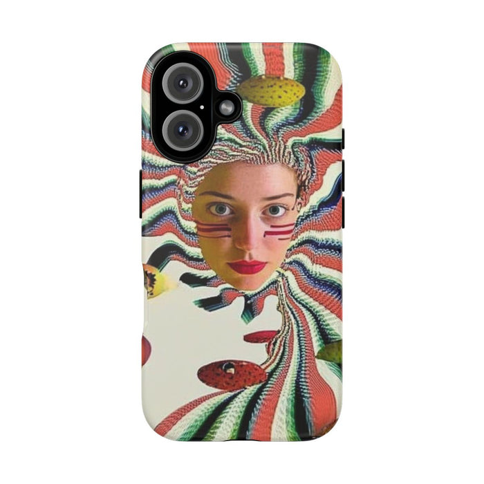 Surrealistisch Vrouwenportret met Kleurrijke Strepen en Zwevende Ogen
