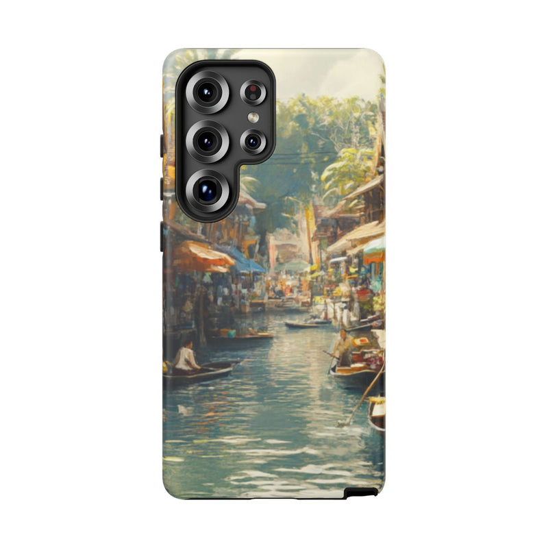 Levendige Watermarkt met Boten en Kraampjes