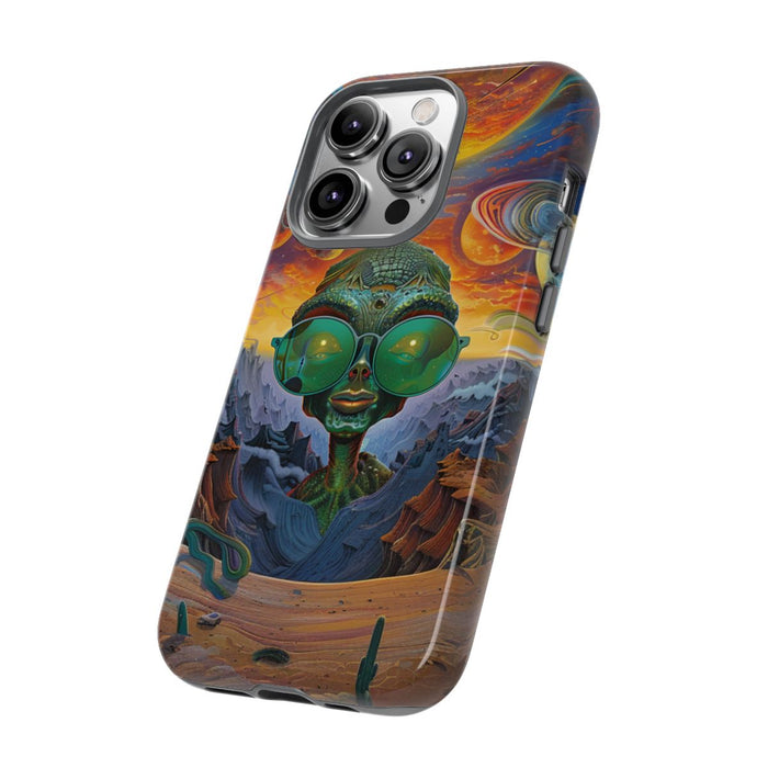 Groene Alien met Zonnebril in Psychedelisch Ruimtelandschap