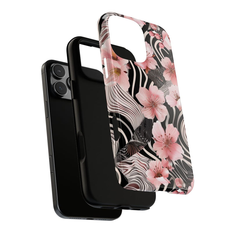 Roze Kersenbloesems met Zwart-Wit Abstract Patroon