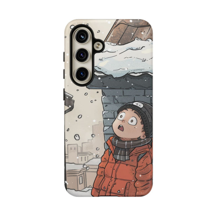 Chibi Man met Oranje Winterjas Kijkt Op naar Besneeuwd Dak