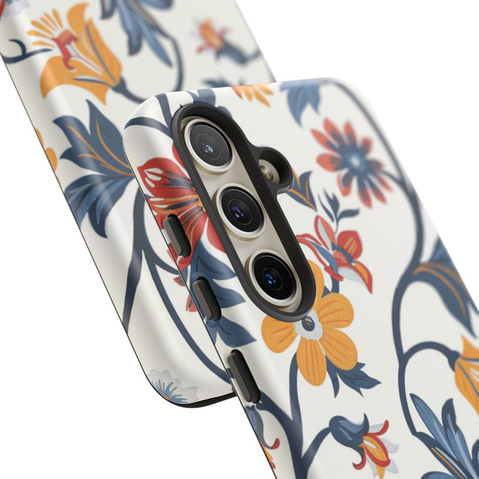 Retro Bloemenpatroon in Blauw, Rood en Geel