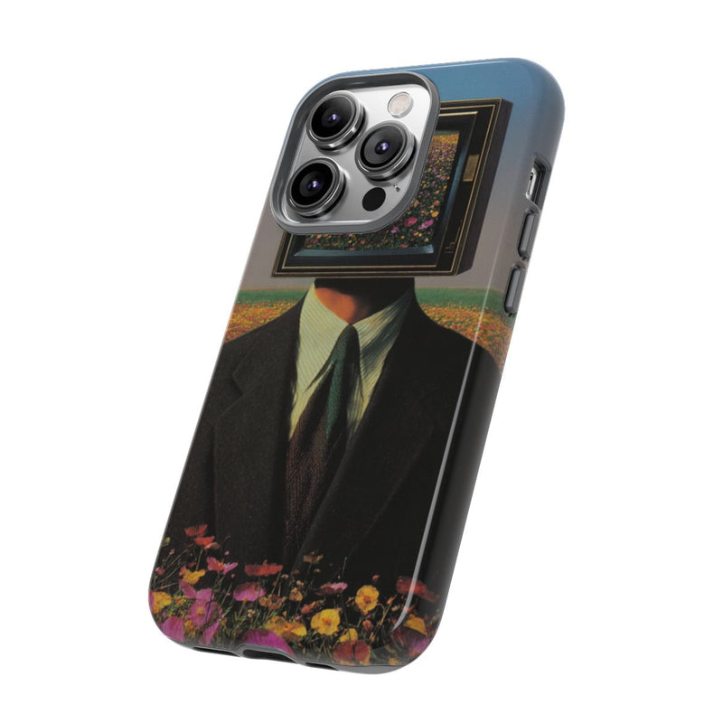 Surrealistische Man met Televisiehoofd in Bloemenveld