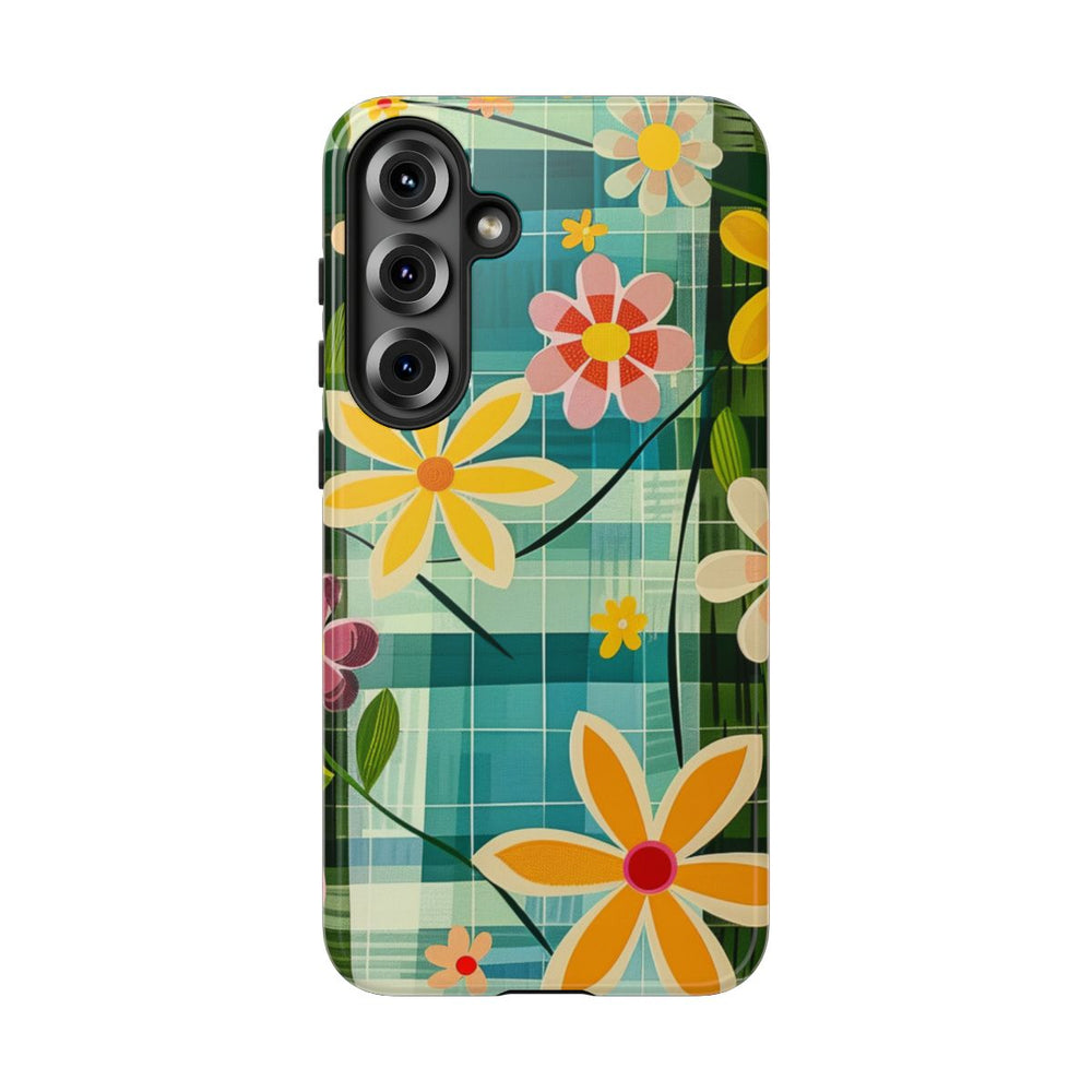 Kleurrijk Retro Bloemenpatroon op Blauwe Achtergrond