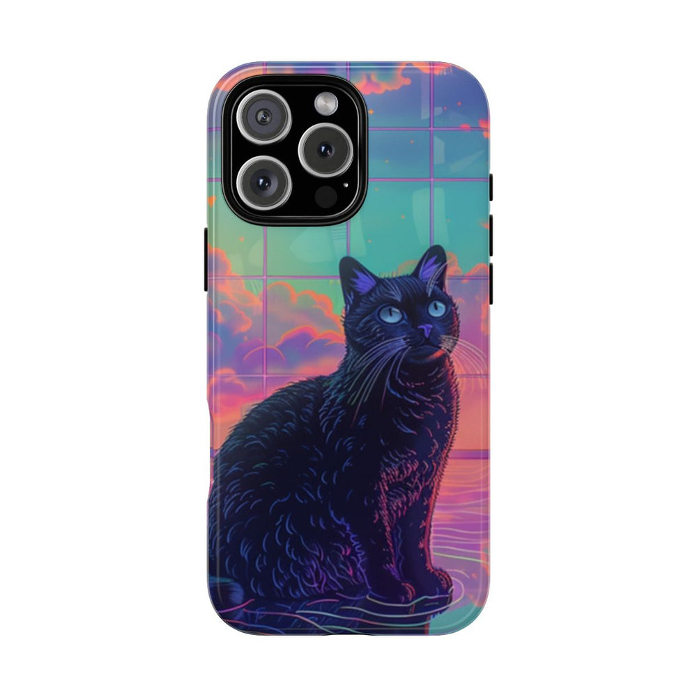 Zwarte Kat met Neonlucht Reflectie