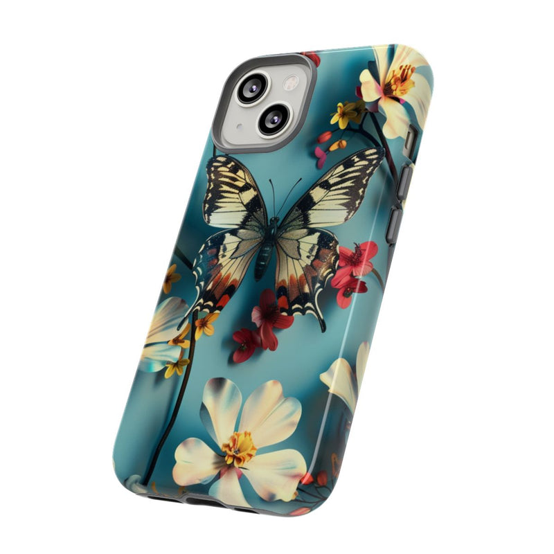 Vlinder en Bloemenpatroon op Blauw