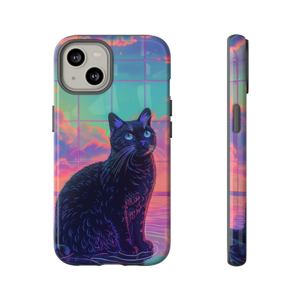 Zwarte Kat met Neonlucht Reflectie