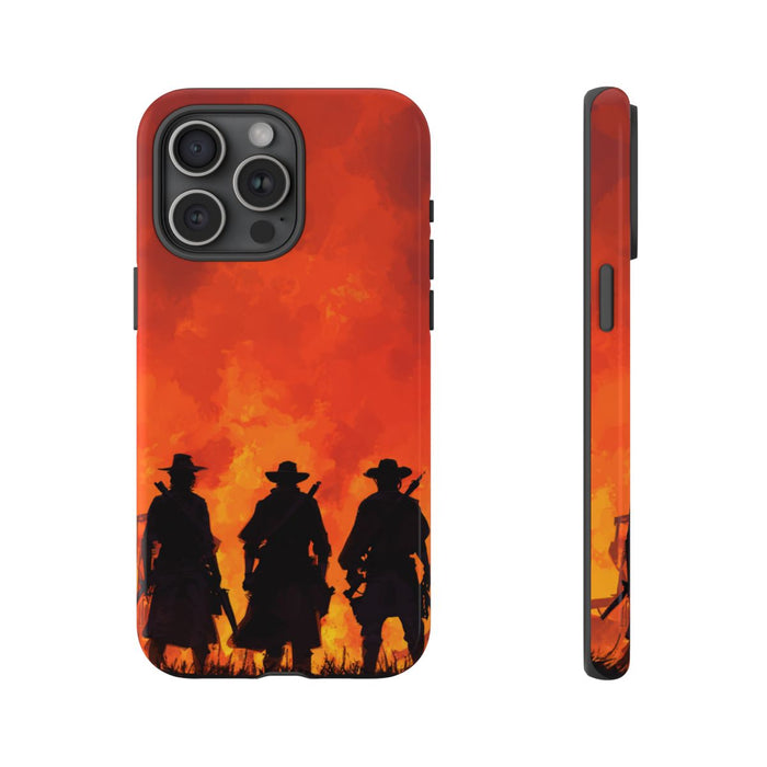 Silhouetten van Drie Cowboys Tegen Vurige Zonsondergang
