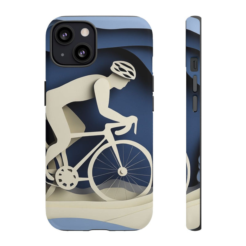 Fietser in Papieren Knipkunst op Blauwe Landschap