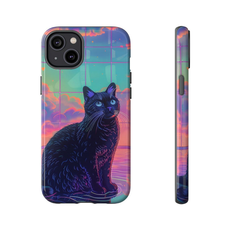 Zwarte Kat met Neonlucht Reflectie
