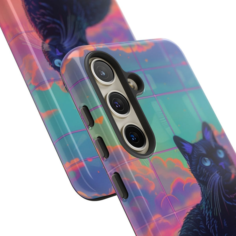 Zwarte Kat met Neonlucht Reflectie