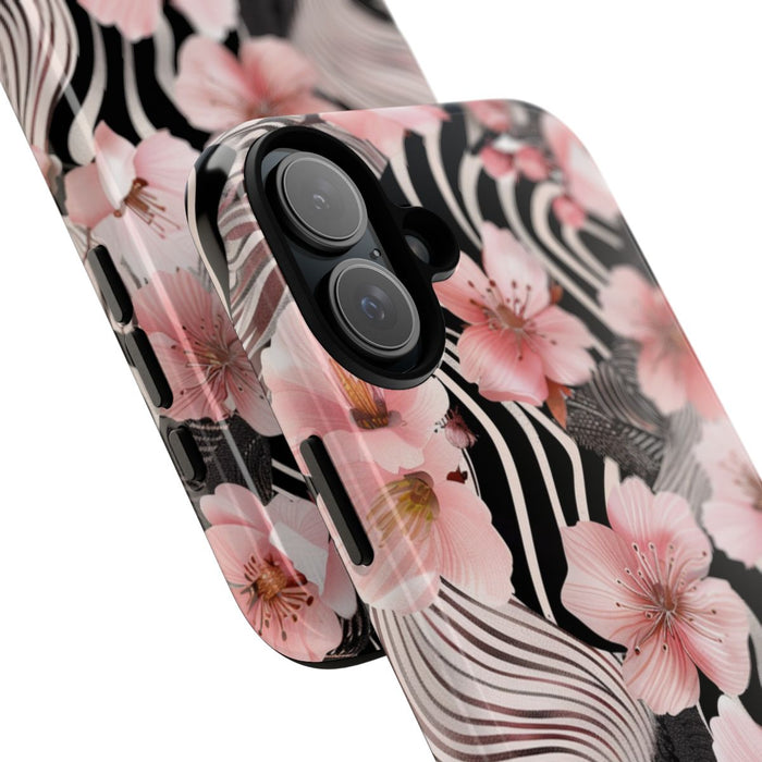 Roze Kersenbloesems met Zwart-Wit Abstract Patroon