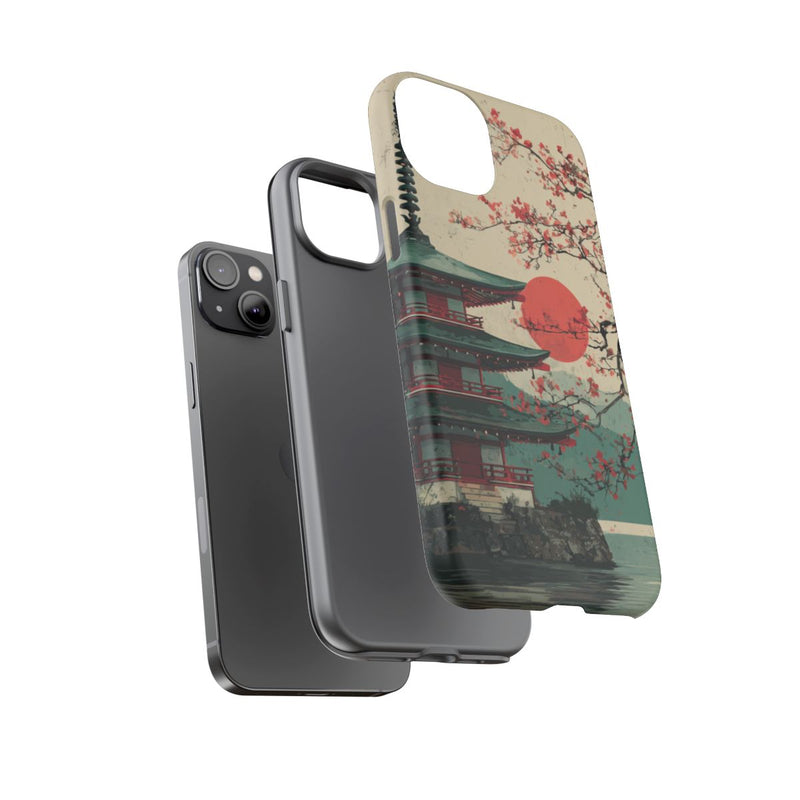 Pagode met Kersenbloesems en Rode Zon