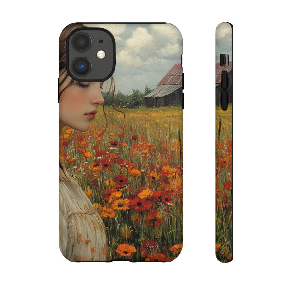 Jonge Vrouw in Bloemenveld met Schuur