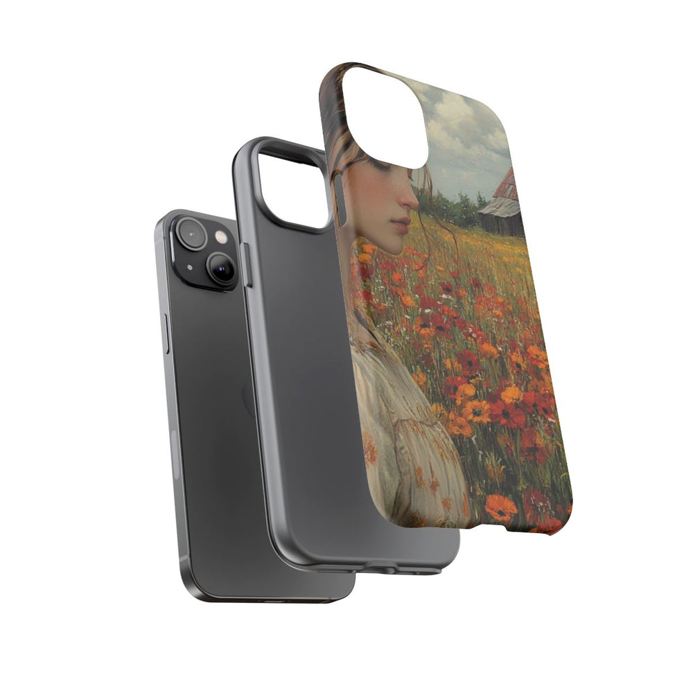 Jonge Vrouw in Bloemenveld met Schuur