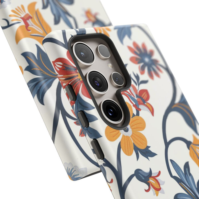 Retro Bloemenpatroon in Blauw, Rood en Geel