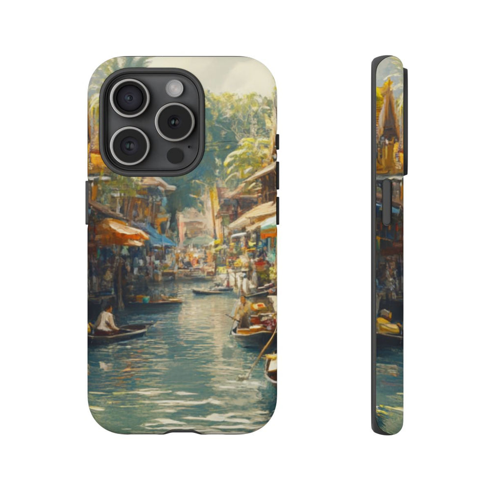 Levendige Watermarkt met Boten en Kraampjes