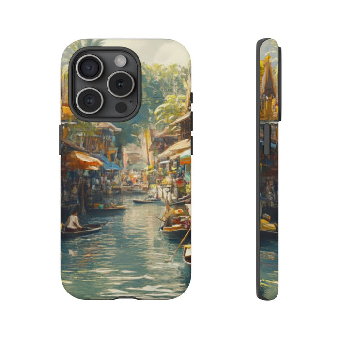 Levendige Watermarkt met Boten en Kraampjes