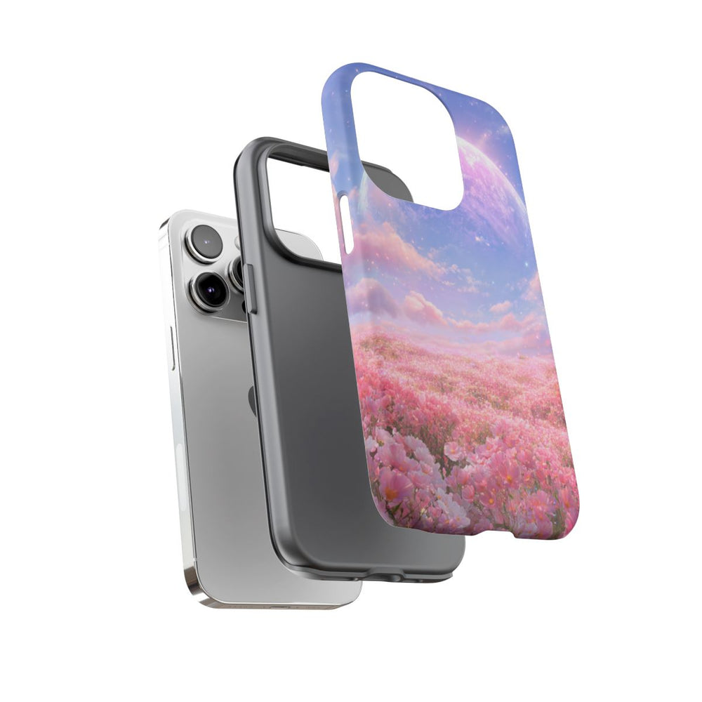 Roze Bloemenveld met Gloeiende Planeet