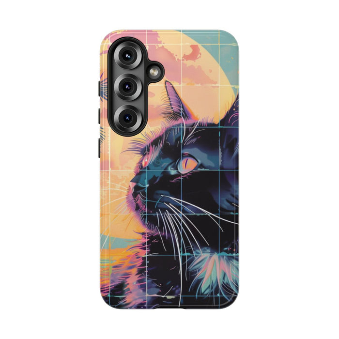 Lofi Vaporwave Kat met Zonsondergang en Palmen