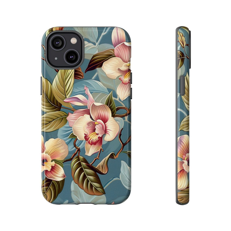 Orchideeën Bloemenpatroon op Blauwe Achtergrond