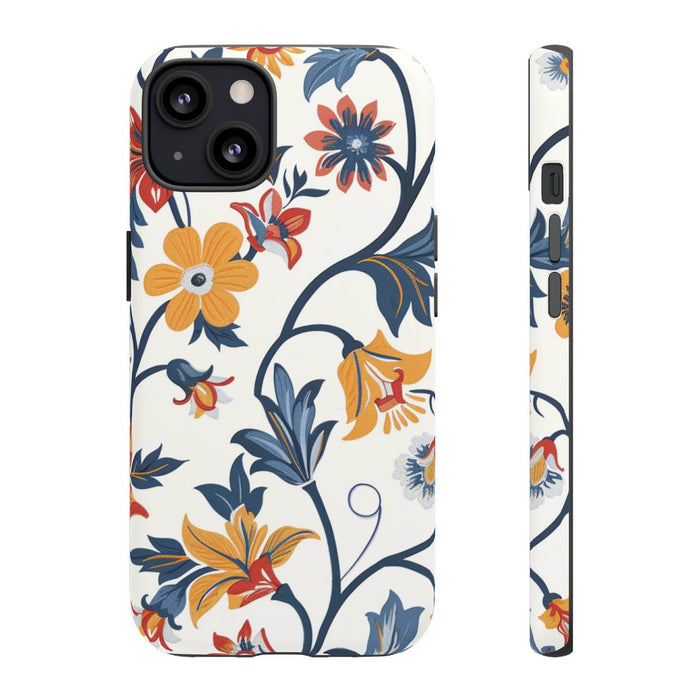 Retro Bloemenpatroon in Blauw, Rood en Geel