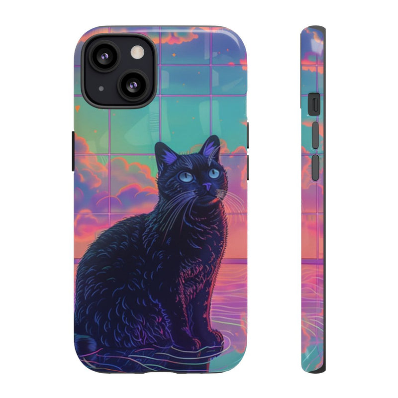 Zwarte Kat met Neonlucht Reflectie