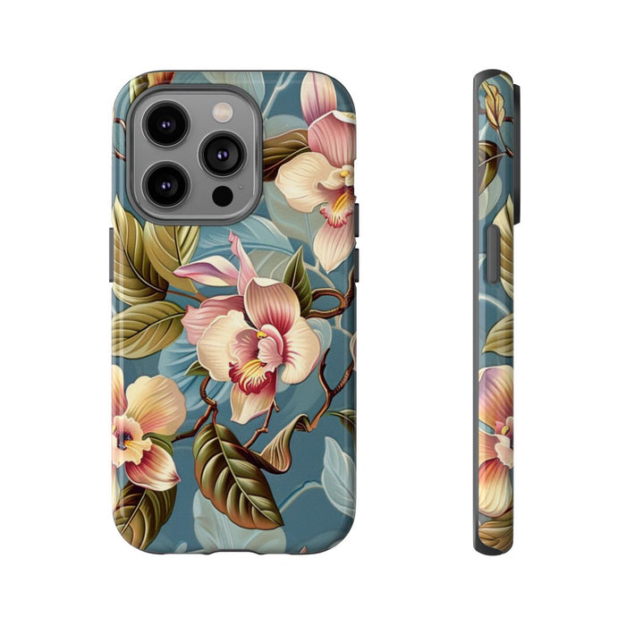 Orchideeën Bloemenpatroon op Blauwe Achtergrond