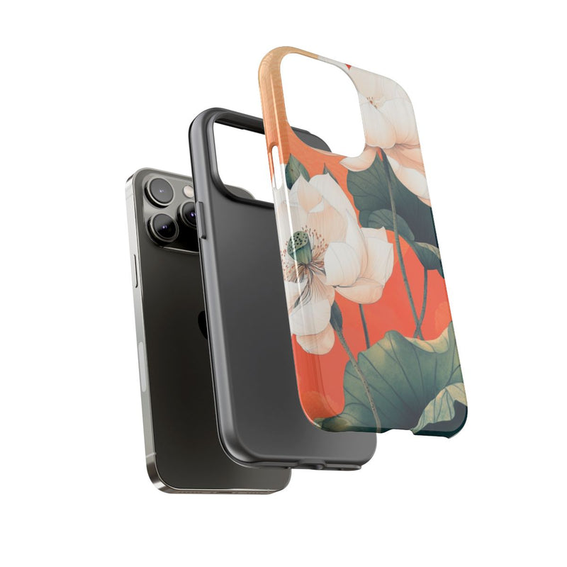 Witte Lotus Bloemen met Groene Bladeren op Oranje Achtergrond