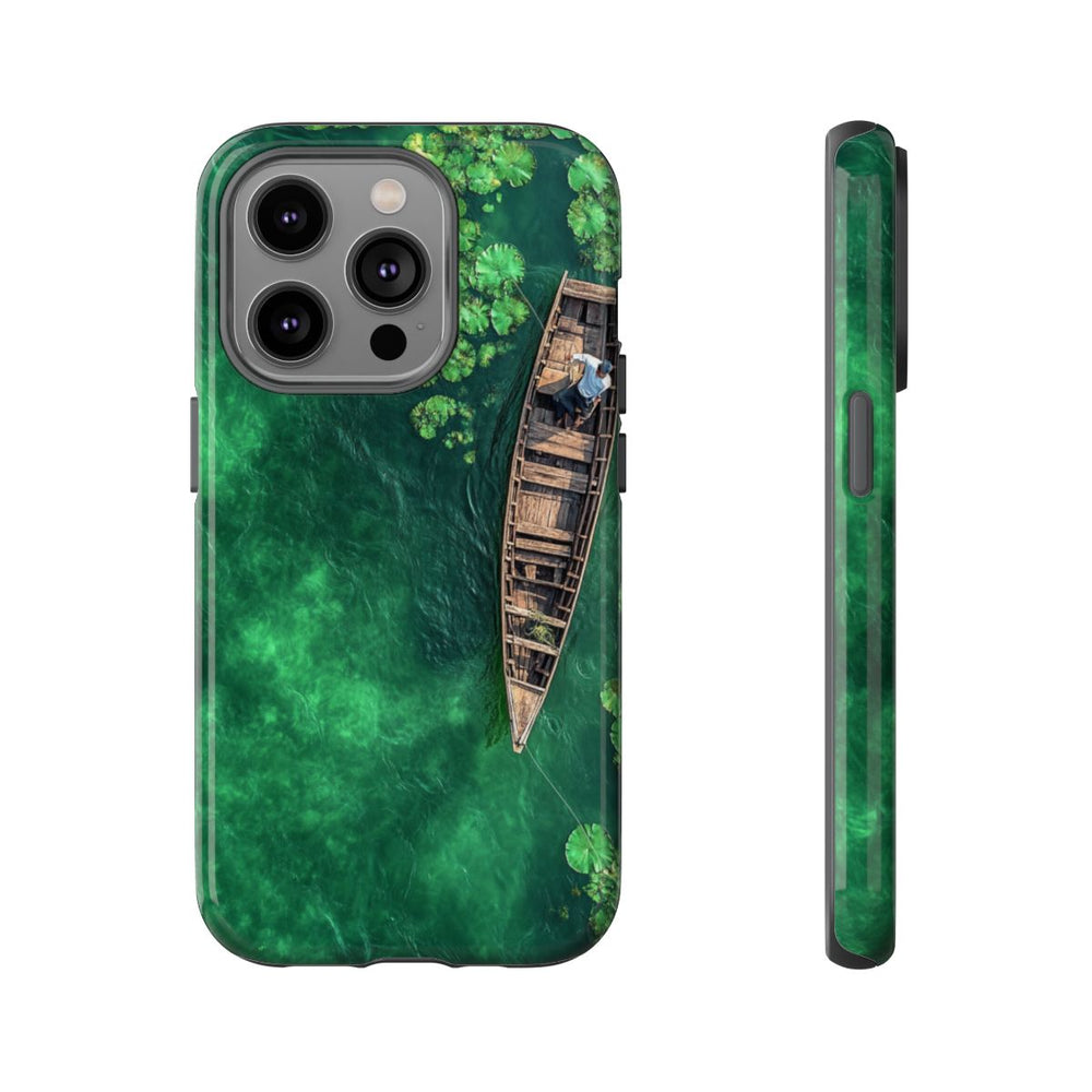 Luchtfoto van Visser op Houten Boot met Lotusbladeren