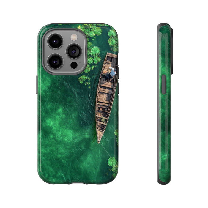 Luchtfoto van Visser op Houten Boot met Lotusbladeren