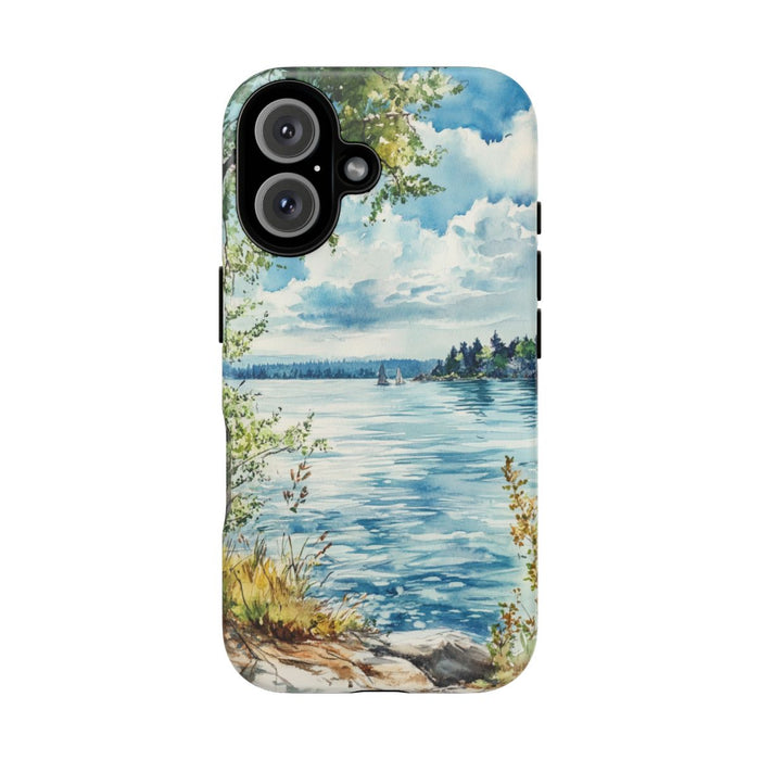 Aquarel Landschap met Meer, Bomen en Zeilboten