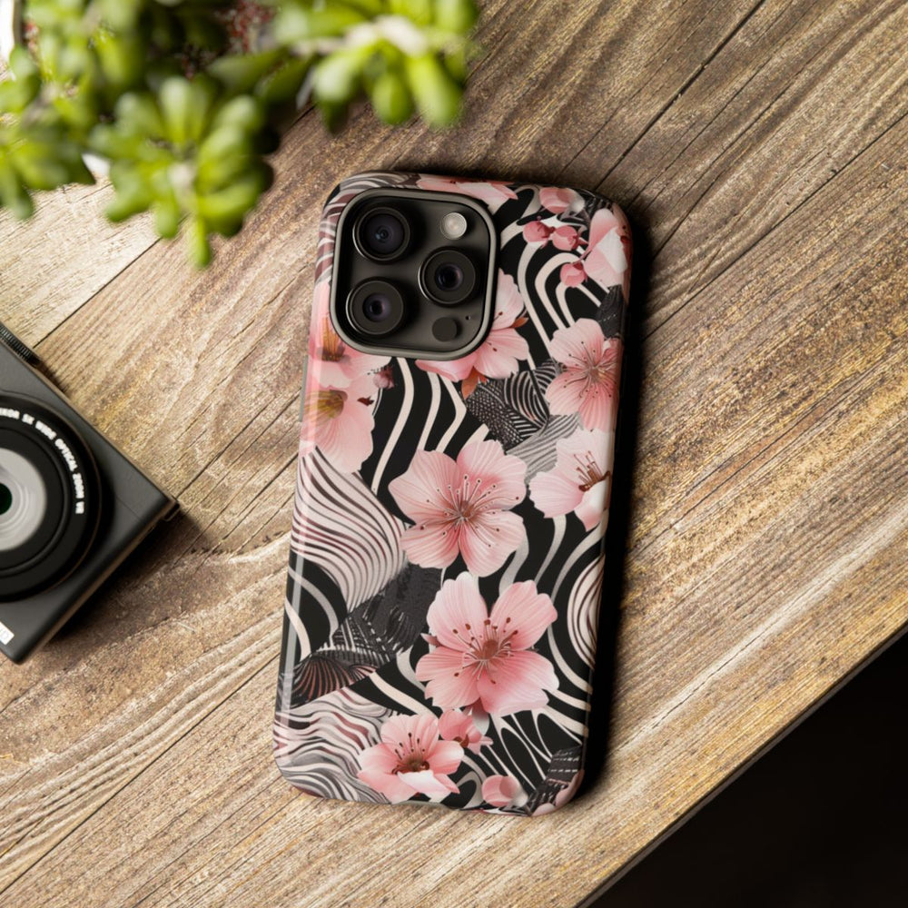 Roze Kersenbloesems met Zwart-Wit Abstract Patroon