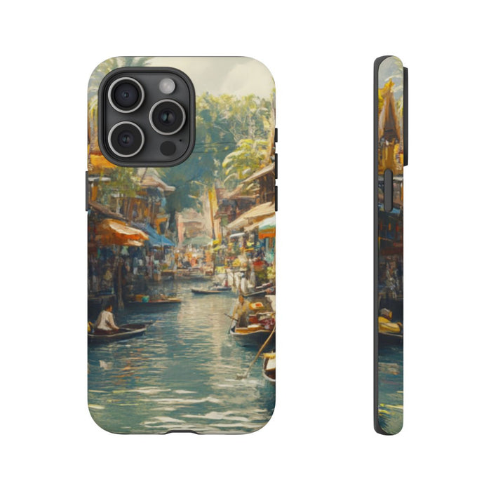 Levendige Watermarkt met Boten en Kramen