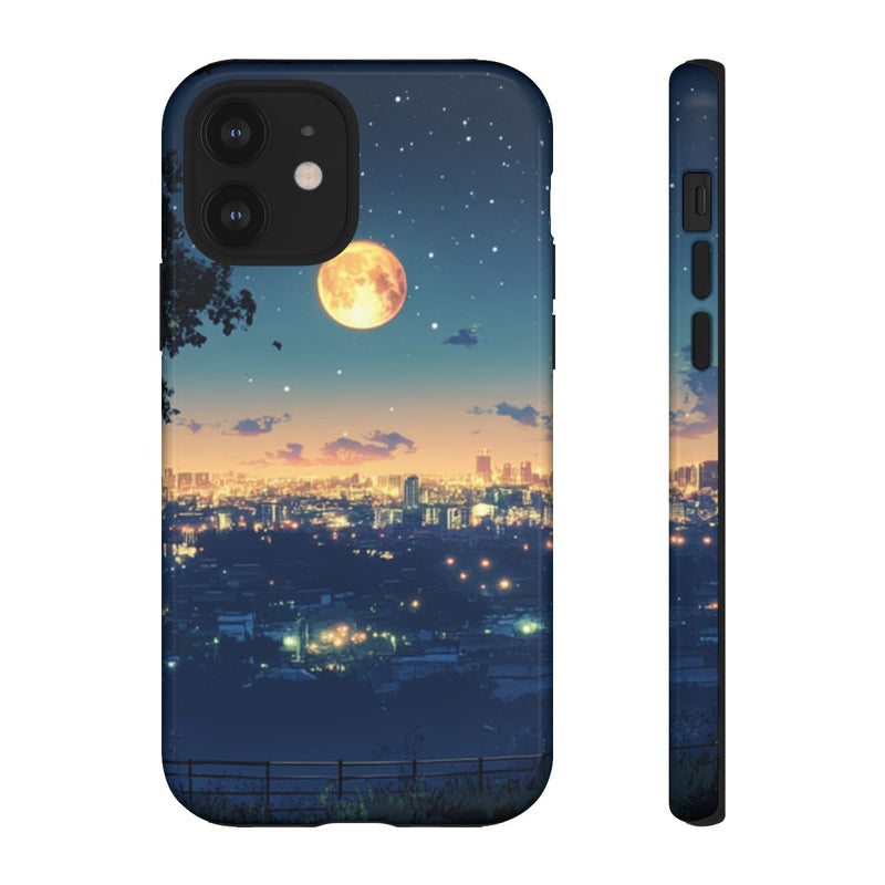 Stad bij Nacht met Sterrenhemel en Volle Maan