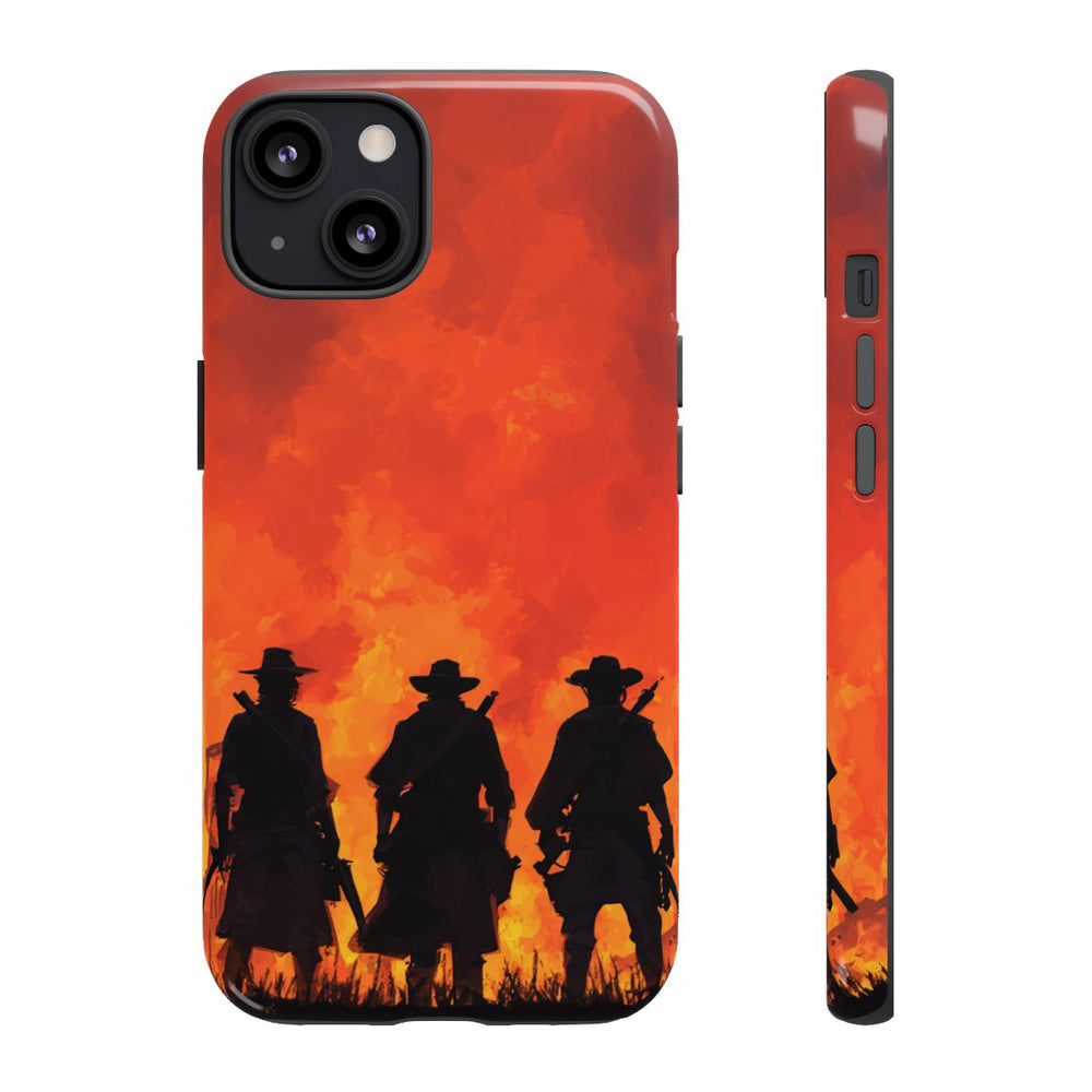 Silhouetten van Drie Cowboys Tegen Vurige Zonsondergang