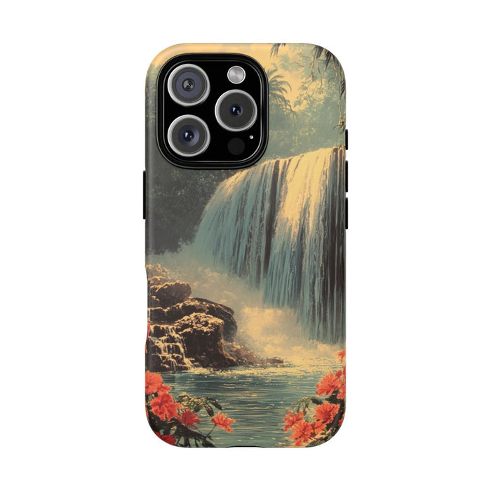 Tropische Waterval met Rode Bloemen
