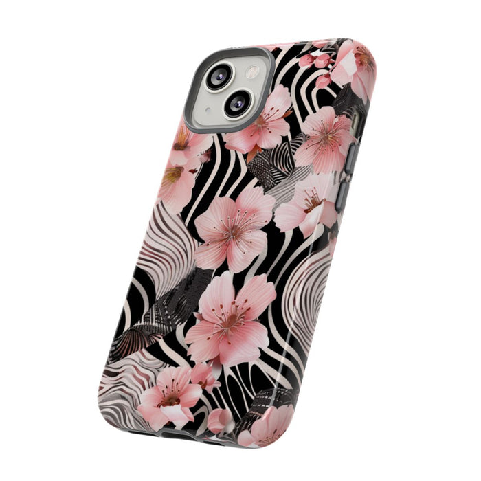 Roze Kersenbloesems met Zwart-Wit Abstract Patroon