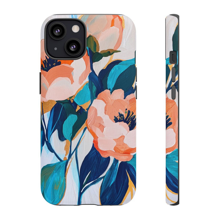 Bloemenschildering met Pioenrozen in Blauw en Oranje